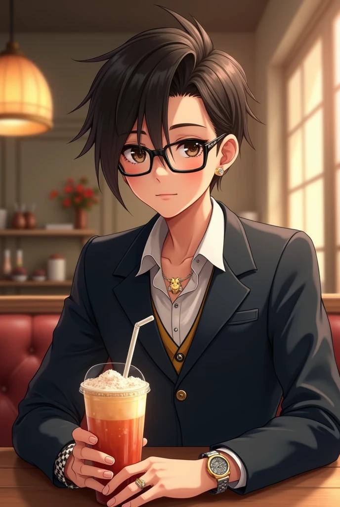 A picture of a 13-year-old boy, 155cm tall. A well-proportioned body, not overweight or thin. A high side part hairstyle with a right side part. Wearing a gold rabbit head pendant necklace with diamonds, the chain should not be too thick. Wearing a wristwatch. Wearing a gold diamond ring on the left ring finger. Wearing a checkered bracelet on the right wrist. Wearing square-shaped glasses with half-rimmed black frames. Wearing a school uniform with a white shirt, khaki pants, brown sneakers, and a brown belt. Holding a blended drink, the background is a cafe.