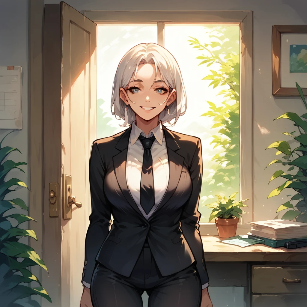 throw, white woman in a black suit and black tie, She is opening the door of an office with documents in her hands., She has a smile on her face