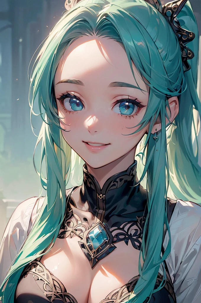 ((((High resolution, Intricate details, masterpiece, 8k)))), (((beautiful, Lots of races))), ((One Woman, face close up, Smiling)), (Aqua hair, Forehead, Long Hair, ponytail, hair ornaments, Slender), from front, looking at viewer, look at viewer, town, night, moon,chest, Slim