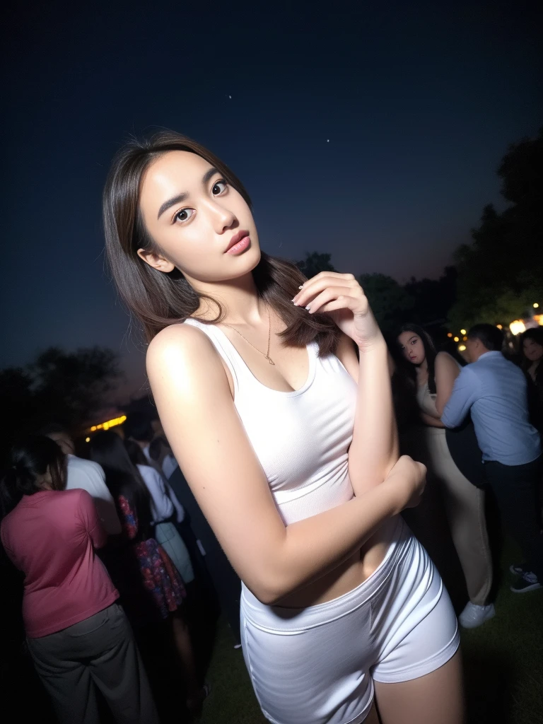 1girl, (uniform), standing, outdoors, night view, detailed Metropolitan city at the background, (above head shot: 1.4), detailed face, detailed eyes, brunette, , smooth realistic skin, semi-curvy body, wearing red tanktop and thin white hot pants, looking at the audience, (8k, RAW photo, best quality, masterpiece: 1.2), (realistic, realistic: 1.37), ultra-high resolution