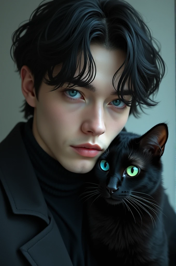 A teenage white male with black hair and heterochromatic eyes, one blue and the other green, with a black cat with heterochromatic eyes, one blue and the other green.