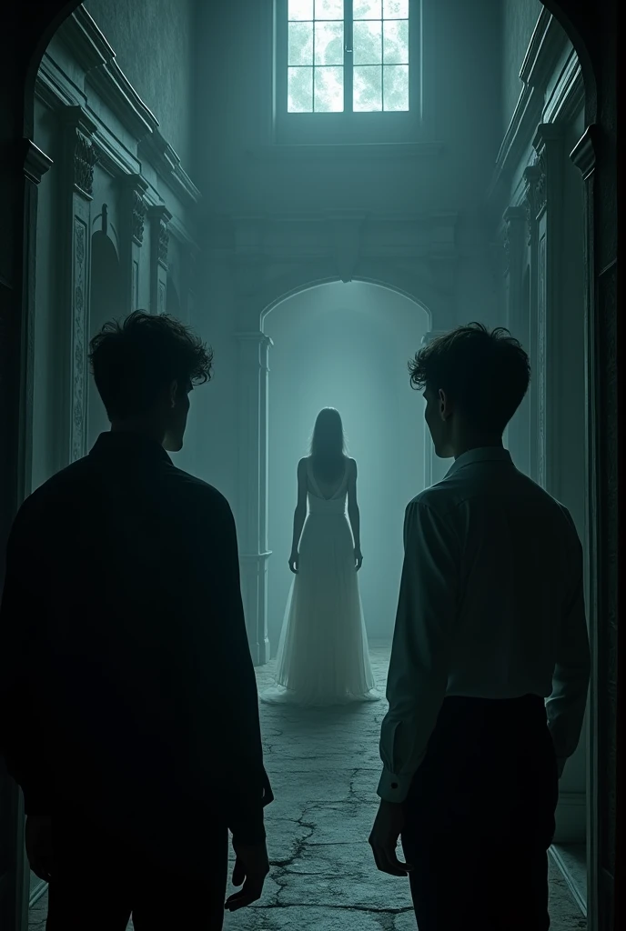 2 young men in the darkness of a mansion watching a woman in white