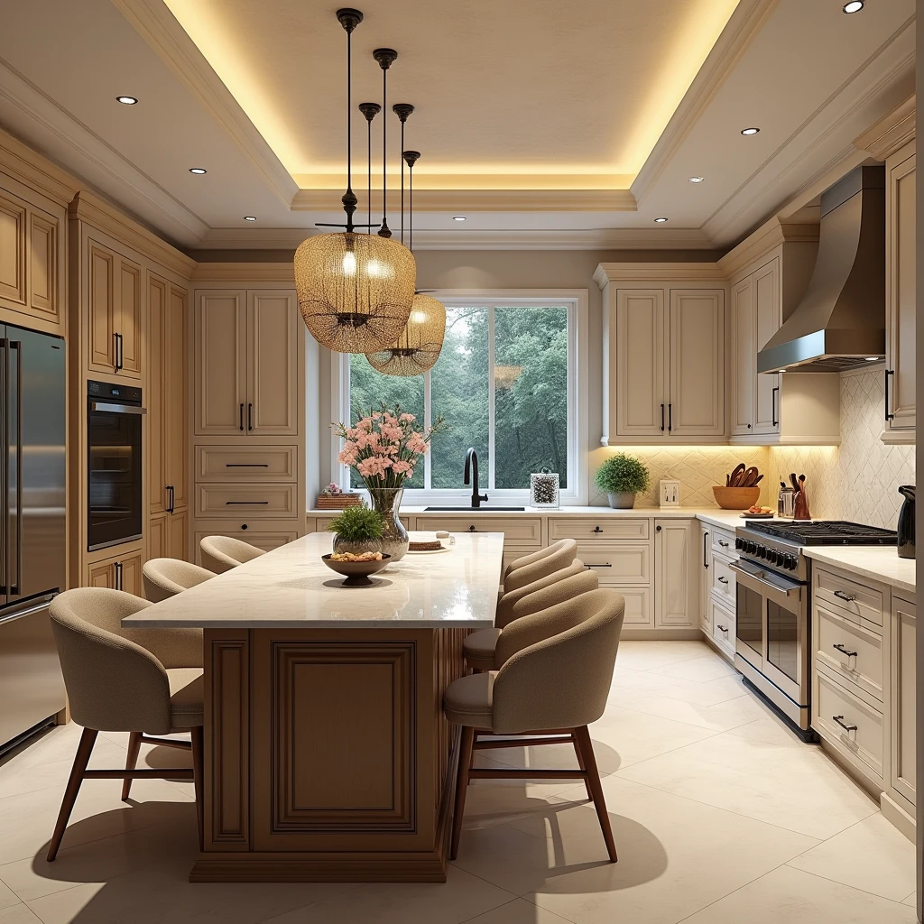 Design me a super rich and luxurious kitchen with beautiful seating areas for family and a beautiful open kitchen, a bit simpler, nicer, a bit more modern, but still beautiful. 