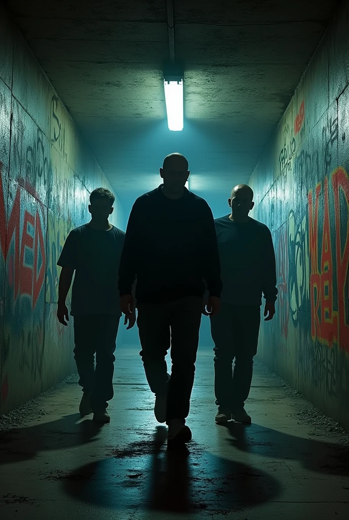 Wide and dark 90s subway passage with graffiti, 3 white men whose faces are not very visible walking, one of them weighs over 130 kilos, The other 2 are thin, somewhere in the text it should say MAD RED