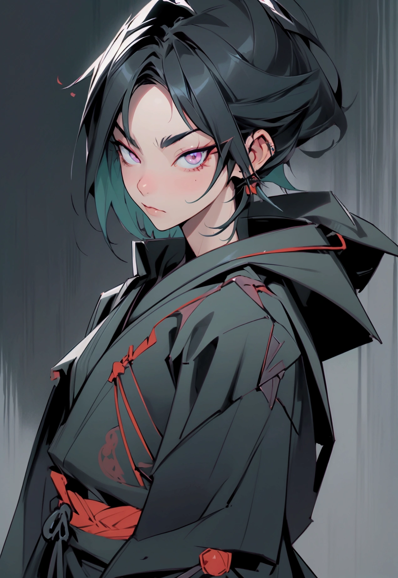 male Samurai, looks toward the viewer, sharp eyes, black hair, blaue haarspitzen, grün eyes, he is wearing an oni-mask, he is ready to attack, (he is wearing a poncho)