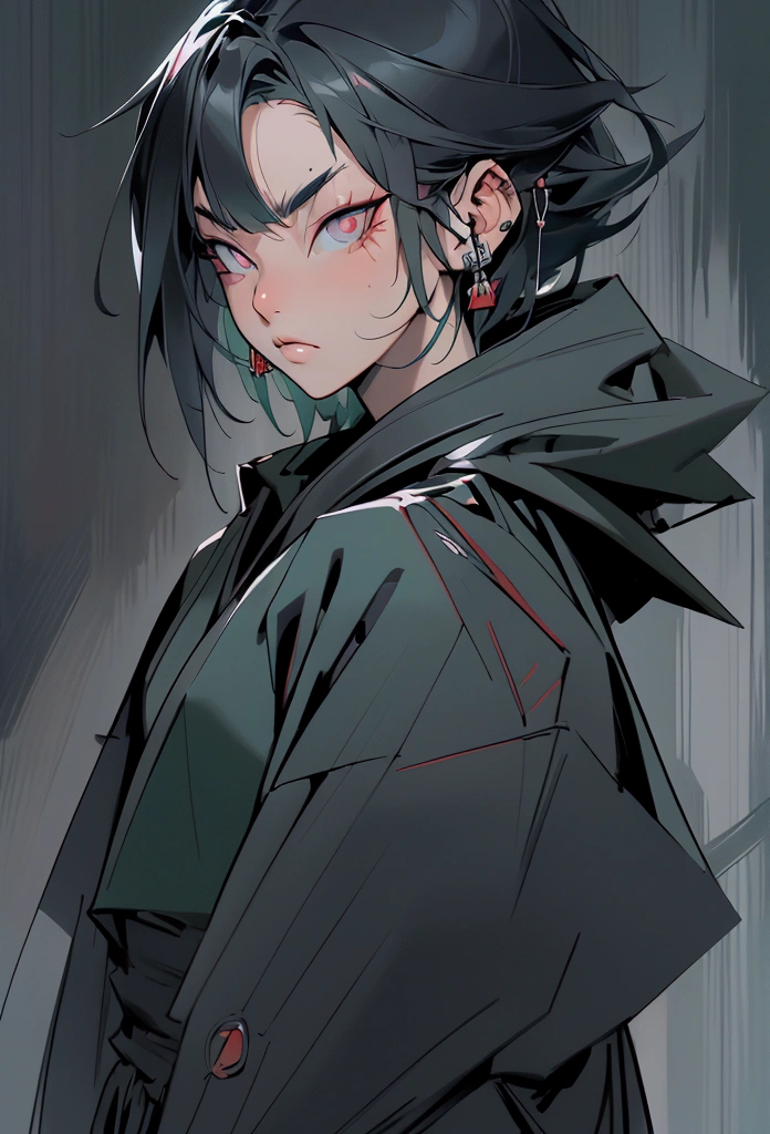male Samurai, looks toward the viewer, sharp eyes, black hair, blaue haarspitzen, grün eyes, he is wearing an oni-mask, he is ready to attack, (he is wearing a poncho)