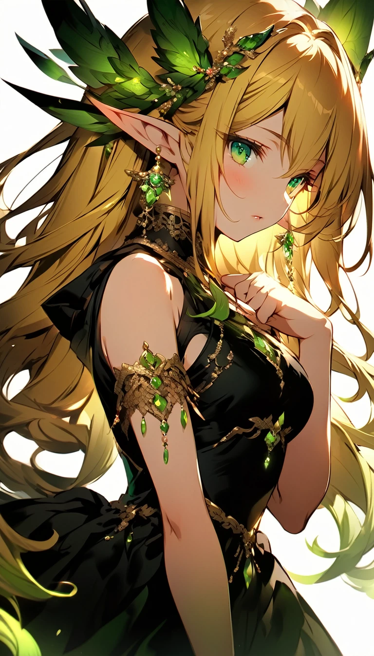 (elf girl:1.3), (long blonde hair:1.2), (vibrant green eyes:1.3), (black dress:1.2), (seductive pose:1.1), (hand raised:1.0), (detailed clothing:1.1), (pointed ears:1.2), (delicate jewelry:1.1), (shadowverse style:1.2), (clean anime art:1.2), (feminine beauty:1.1), (gentle blush:1.0), (subtle lighting:1.0), (white background:1.0)