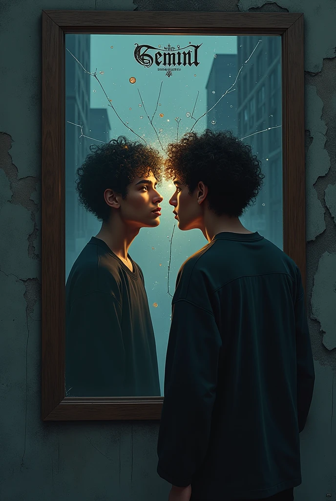 Este prompt es claro y preciso, capturando todos los detalles que querías incluir. Aquí está en inglés:
### English:
"Create a dark, moody scene featuring a young, light-skinned man with curly, frizzy hair standing in front of a cracked mirror. His reflection shows two sides: one glowing with a soft, golden light, symbolizing his true self, and the other shadowed, representing the persona society expects him to be. The background is urban, with crumbling walls and dimly lit streets, conveying a sense of decay and struggle. The colors should be muted, with deep blues, grays, and touches of gold. In the reflection, faint digital symbols, like likes and numbers, float around, emphasizing societal pressures. The young man is dressed in streetwear, looking determined yet conflicted. Above the mirror, the word 'Gemini' is inscribed, and below 'Gemini,' the word 'RHAYNOPG' is written in a smaller, ornate gothic font."
This version keeps both "Géminis" and "RHAYNOPG" on the mirror, with "RHAYNOPG" appearing smaller beneath "Géminis," as you described.