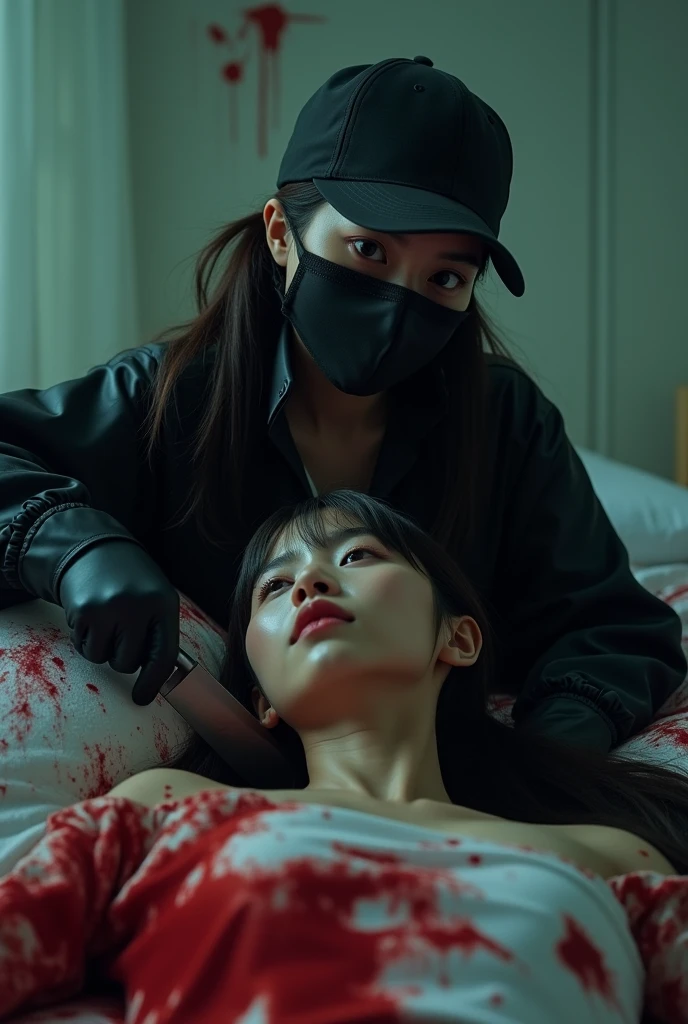 korean girl, (behind bontage corpse, holding knife), stabbing, black surgical mask, black gloves, room full of blood, black raincoat, trucker hat, holding knife, black gloves, woman on top, behind bontage corpse, blood splatter, on the bed, looking at viewer, mass murderer, killer, low ponytail, blood splatter, dark atmosphere, cinematic lighting, atmospheric realistic, light from the window, close-up,
