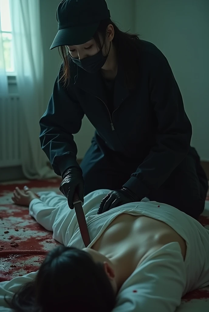 korean girl, (behind bontage corpse, holding knife), stabbing, black surgical mask, black gloves, room full of blood, black raincoat, trucker hat, holding knife, black gloves, woman on top, behind bontage corpse, blood splatter, on the bed, looking at viewer, mass murderer, killer, low ponytail, blood splatter, dark atmosphere, cinematic lighting, atmospheric realistic, light from the window, close-up,
