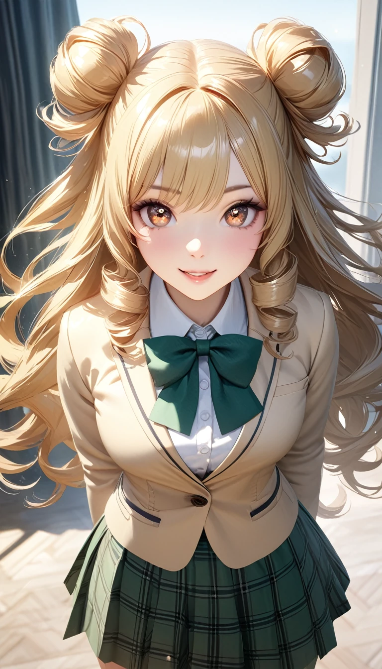 (masterpiece,ultra-detailed,best quality,8K,CG,realistic,illustration:1.2),(perfect-composition,detailed beautiful face,Clean skin,photographical skin,shiny skin,shiny hair, photographical hair,ultra detailed eyes,shaved,kawaii,uncensored:1.1),smile,long hair,twin tail, 1girl, solo, long hair, blonde hair, double bun, drill hair, brown eyes,winter school uniform, green bowtie, white shirt, yellow blazer, buttoned blazer,plaid skirt, green skirt,thigh,from front,cowboy shot,arms behind,standing posture