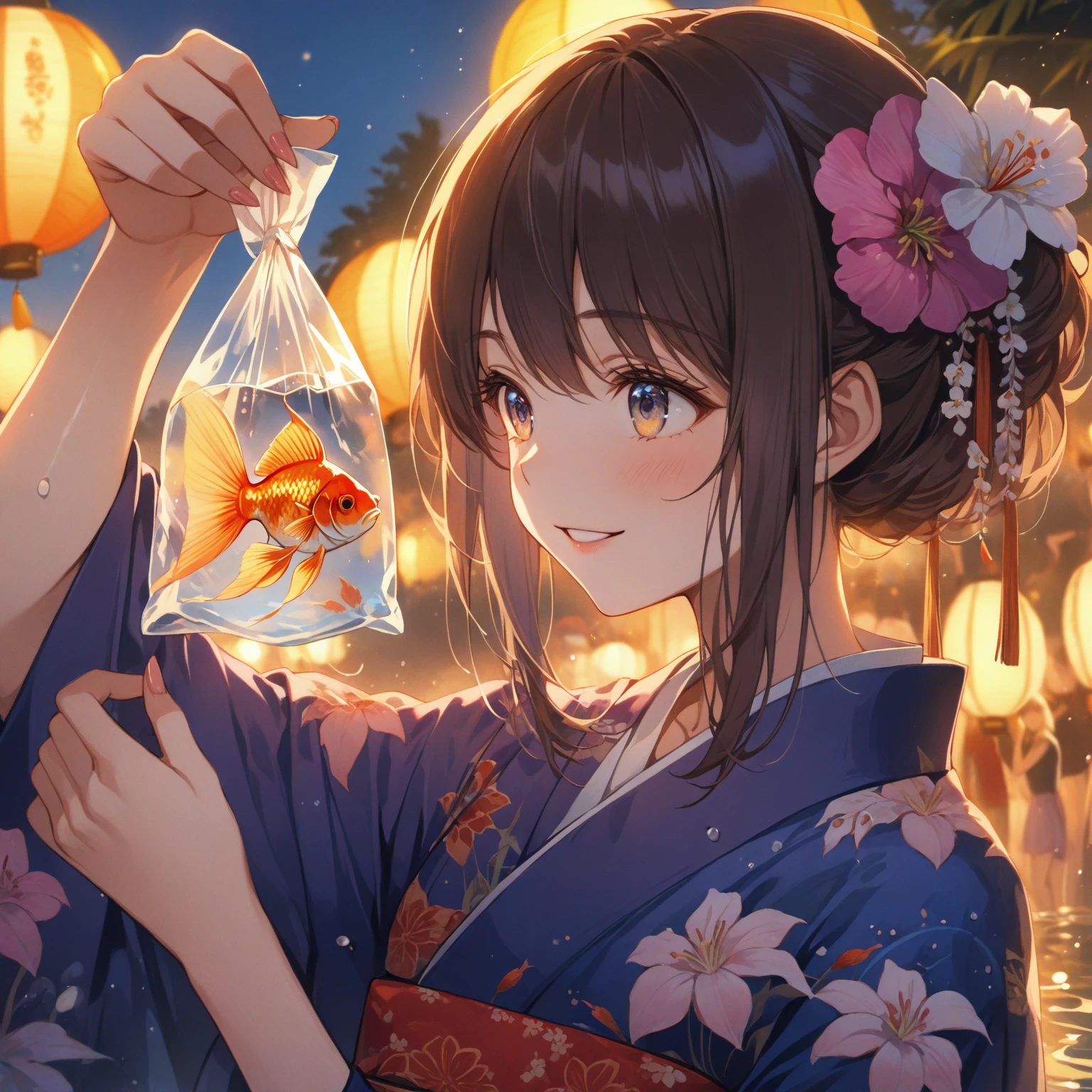 score_9_up, score_9, score_8_up, score_7_up, source_anime,masterpiece, best quality, high resolution, extremely detailed CG, absurdres, highres,On the evening of the summer festival, 1girl, solo, a girl in patterned yukata holds a goldfish in a small transparent plastic bag. The girl lifts the bag in front of her eyes and looks ahead through the water in the bag with a gentle smile, good_hands, Long eyelashes, detailed beautiful eyes, looking away, NegPDXL-DHP