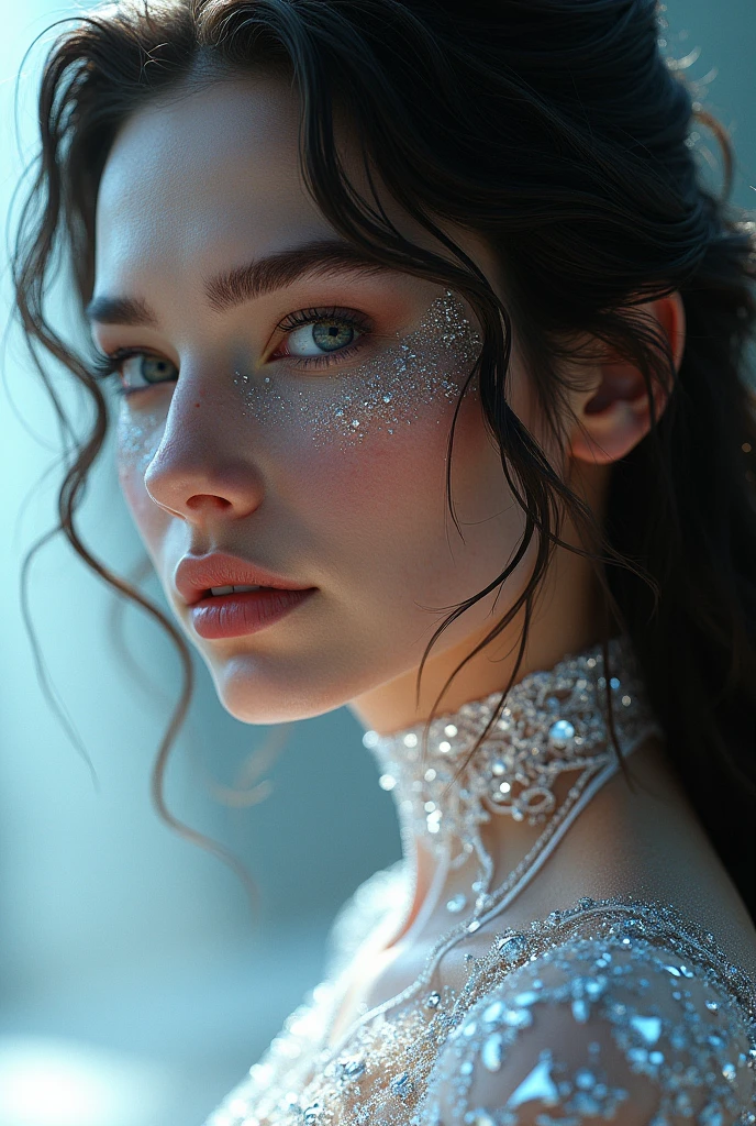 A brunette woman with diamond skin like Emma Frost and part of her hair.sparkling to symbolize the shine.with diamond