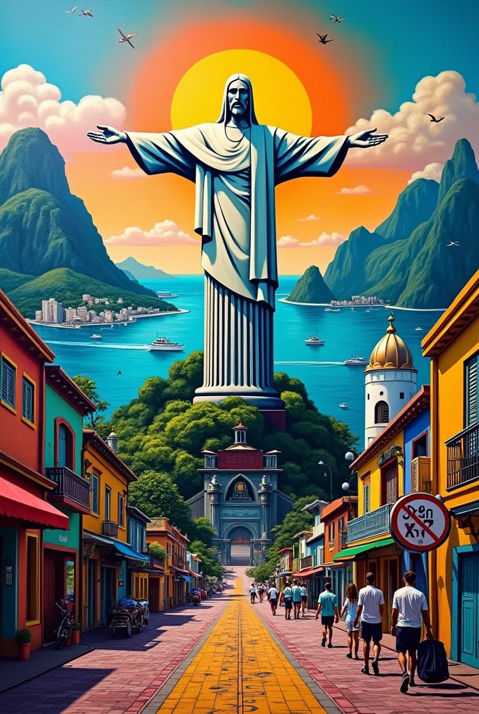 Create graffiti that represents Rio de Janeiro, with an image of Christ the Redeemer, with the Copacabana sidewalk, with Medina's photo at the Olympics
