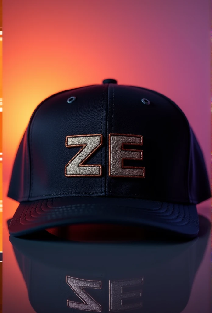 black skate cap with steampunk style, background with soft orange and purple light, with embroidered name ZE