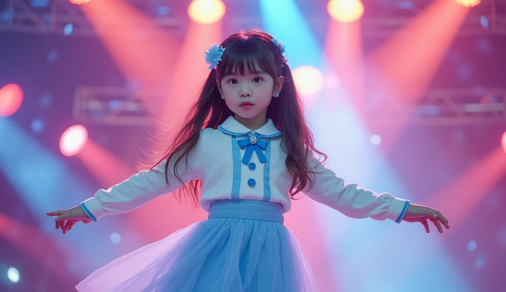 Long shot photo of a beautiful and attractive  girl, brown long wavy hair down, chinese pop idol, 50mm portrait, performing on colorful stage with colorful stage lights and with a microphone dancing, top: Baby blue and white sweet collar, front button closure, baby blue solid short short skirt and matching beautiful Bow Tie, small flower clip with baby blue petals on the top and in the hair, white shoes with light blue laces, shy yet confident