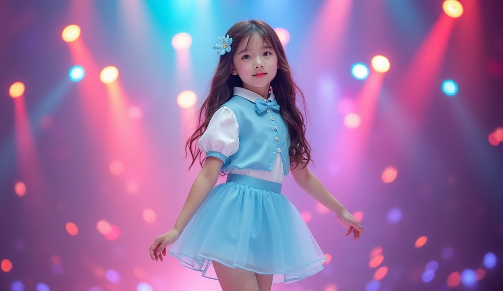 Generate a Long shot photo of a beautiful  girl, brown long wavy hair, brown eyes, chinese pop idol, 50mm portrait, performing on colorful stage, Top: Baby blue sweet collar, front button closure, baby blue solid short skirt and matching beautiful Bow Tie, a small flower clip with baby blue petals on the shirt, white shoes with light blue laces