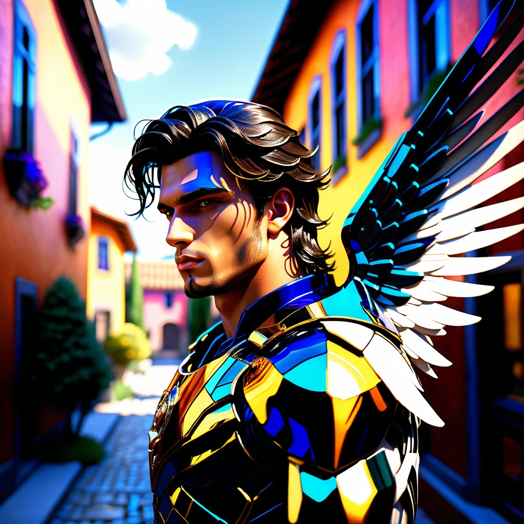 A unparalleled brunette man, 1.76 tall, black hair, dark eyes, tapered nose, athletic body, light scar on his hand, on a cobblestone road, houses with apparent bricks in shades of white, blue and yellow, on a sunny day, With richness of detail and main focus on man, Arafed a ((stained glass art image:1.5)) stained-glass windows, of a (cyberpunk mech male angel: 1.2) standing in at the street at natta near his carro esportivo, natta, an exquisite beautiful cyberpunk male angel, teenager, long hair brown 1.3)), (lilac angelic wings: 1.2), spread angelic wings, halo over head,, (work of art: 1.5), Vibrant, ultra-high resolution, hight contrast, work of art:1.2, highest quallity, better aesthetics), best details, best qualityer, high resolution, Ultra Wide Angle, 16K, [ultra detaild], work of art, best qualityer, (extremely detaild), mechanical creatures, intense gaze, stained-glass windows, hdr, , very detailed and sharp, insane professional photorealistic, skin delicate, perfect lighting, dramatic composition, elegant pose, stunning background, insane cinematic atmosphere, ((back view)), ((full body)), magnificent scene, detailed environment, highly detailed environment deep path Equirectangular garden nature, insane (((insane UnrealEngine5,top Masterpiece,ultra highdef, insane Professional Photorealistic,optimal ultra sharp-focus,max,ultra high-quality,opengl-shaders,symmetrical,ultra high-details,accurate reflex,ultra highres, perfection volumetric,Cinematic_Sunlight,improved Octane_render,XT3,DSLR,3dcg shadow, analogiques, extatiques, high saturate, reflection))),dazzling Will-o'-the-wisp,global luminescence, --v 6 --s 1000 --c 20 --q 500 --chaos 100