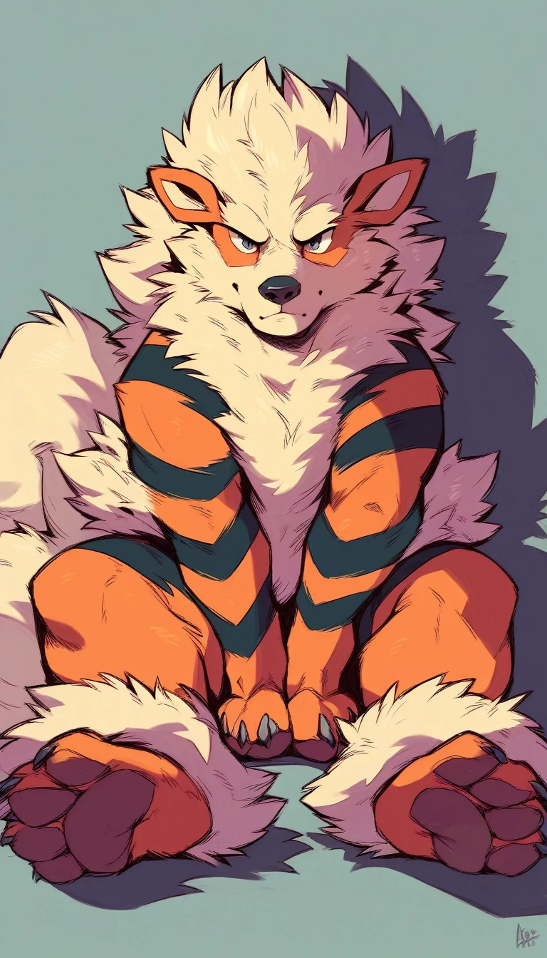 Detailed artwork, ((art by zackary911)),paws instead foot,arcanine,showing foot paws, outline, white outline,jockstrap,bulge,feral,