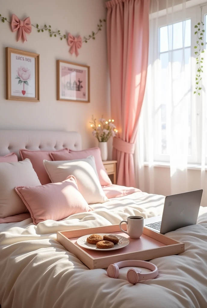 A white bedroom with a large fluffy blanket Light pink, two white pillows are placed on it, and two more pink pillows with striped little bows are placed on them. The decor is Coquette style On the bed was a tray with a plate of cookies and a cup of coffee Placed on a wooden tray. The window had white curtains decorated with a light pink bow. Next to it was a laptop with a movie open and a light pink headphone. On the walls are light pink posters and some fake ivy decorations. 