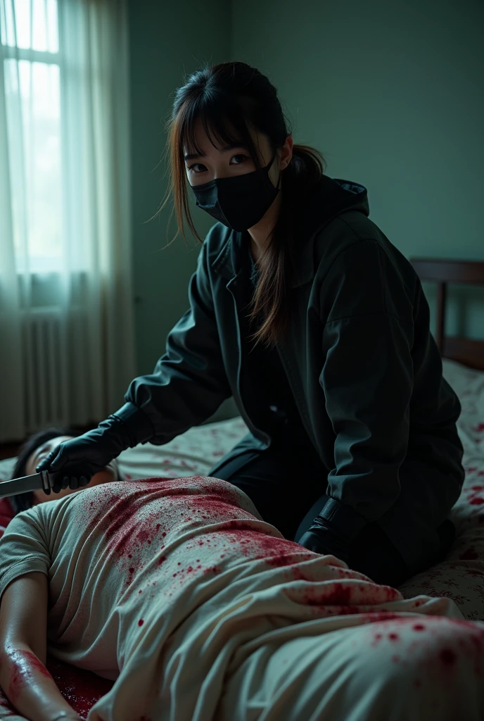 korean girl, (behind bontage corpse, holding knife), stabbing, black surgical mask, black gloves, room full of blood, black raincoat, trucker hat, holding knife, black gloves, woman on top, behind tied up corpse, blood splatter, on the bed, looking at viewer, mass murderer, killer, low ponytail, blood splatter, dark atmosphere, cinematic lighting, atmospheric realistic, light from the window, close-up,
