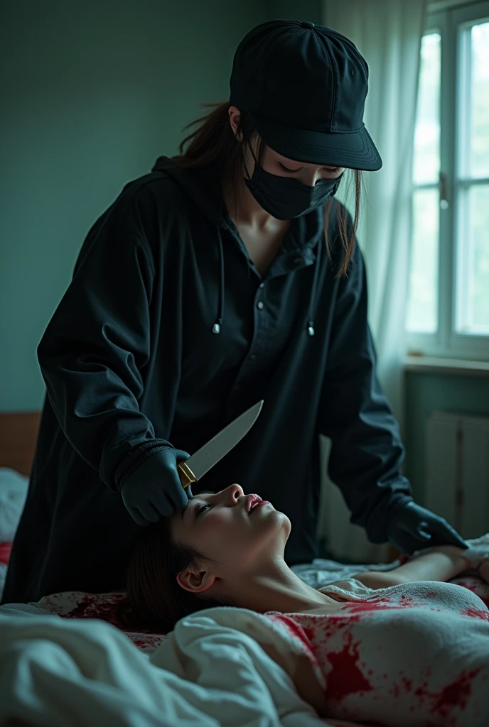 korean girl, (behind bontage corpse, holding knife), stabbing, black surgical mask, black gloves, room full of blood, black raincoat, trucker hat, holding knife, black gloves, woman on top, behind tied up corpse, blood splatter, on the bed, looking at viewer, mass murderer, killer, low ponytail, blood splatter, dark atmosphere, cinematic lighting, atmospheric realistic, light from the window, close-up,