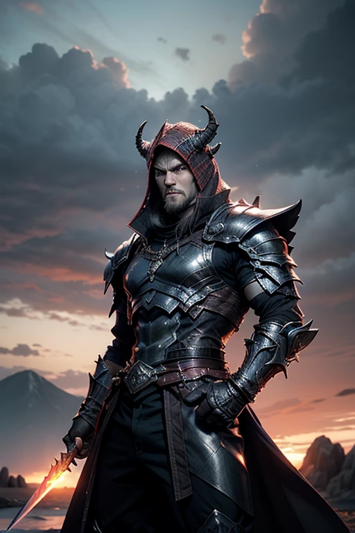 "A powerful Dragonborn swordsman stands in a battle-ready stance, his scales gleaming with a deep crimson hue under the light of a setting sun. He is clad in a sleek, silvered armor that has been custom-forged to fit his dragon-like physique, complete with sharp, angular edges and engraved draconic runes. His eyes burn with a fiery intensity, and his snout curls in a determined snarl. In his hands, he wields a massive, enchanted longsword with a hilt resembling a dragon's maw, the blade glowing faintly with a magical aura. The background features a rocky mountainside, with storm clouds gathering in the distance, hinting at an impending battle