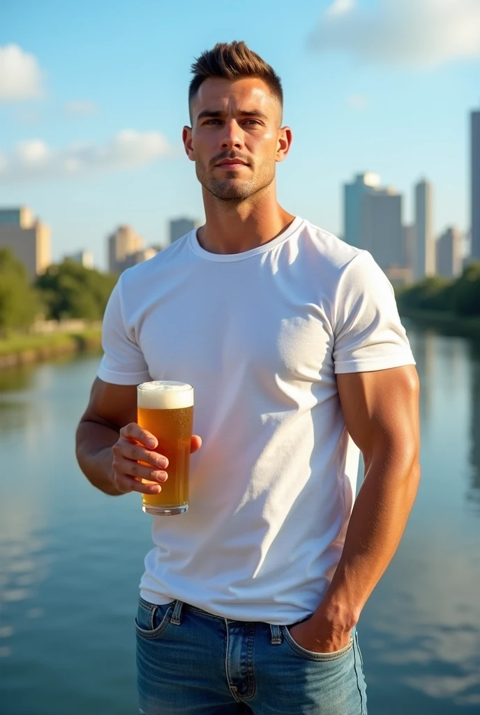 Handsome man crew cut hair, wearing white t-shirt and blue jeans, holding beer, river and city on the background, blue sky in the morning 