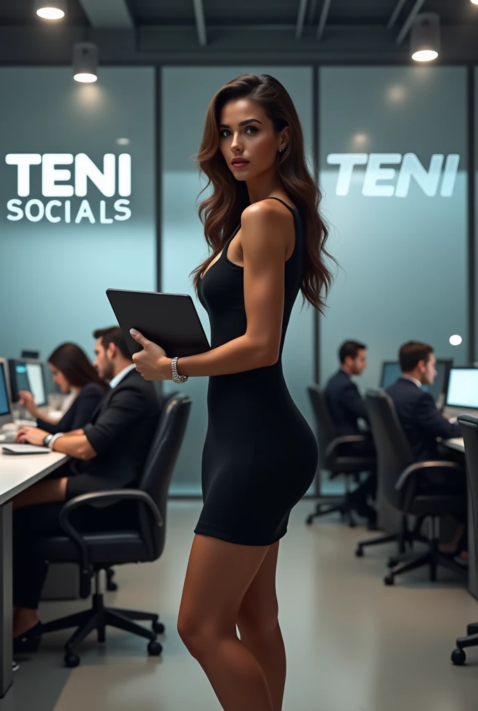A caramel skinned lady on a short sexy corporate gown holding a laptop in a large space office with a logo written TENI SOCIALS on the wall with other staffs working on a computer screen