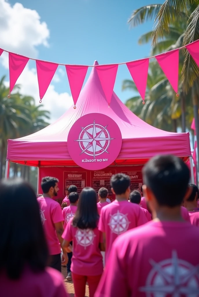 promotional Stall with "NPP Win" word with white round compass sign, pink color 5 bunting strips, sri lankan people with pink t shirt with white round compass logo