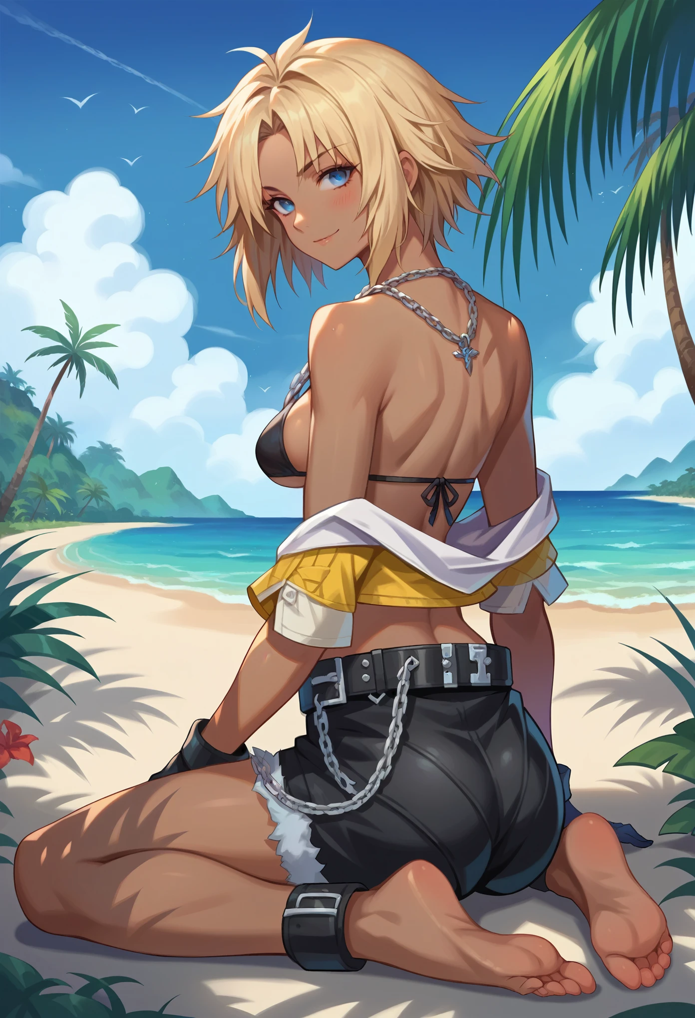 score_9, score_8_up, score_7_up, source_anime, 1girl, solo, (female:1.2), female focus, TidusFFX, blonde hair, dark hair roots, (medium hair), blue eyes, dark skin, solo, open clothes, shorts, black gloves, necklace, shorts, top bikini, back bikini, belt, chain, sitting on ground, barefoot, blushing, slight smile, looking at you, tropical village, clear sky, day