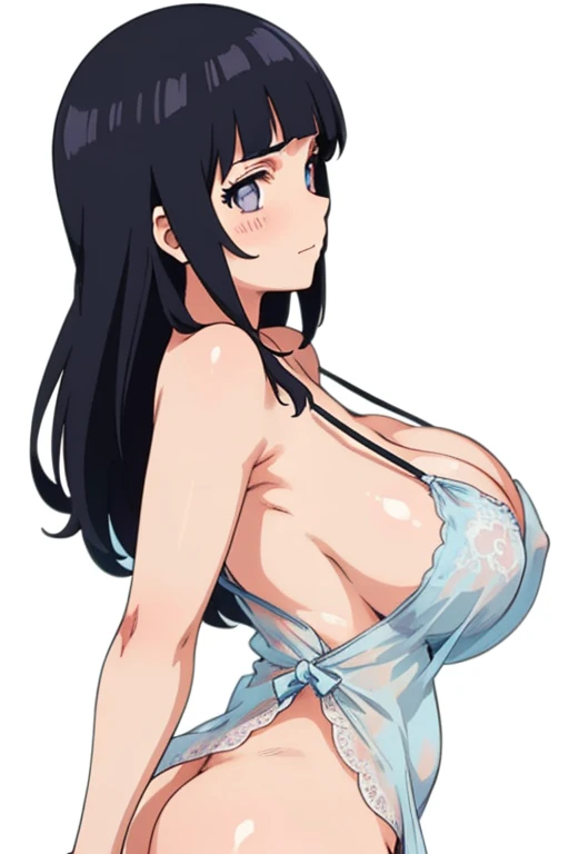 (from side:2.0), (upper body:1.3, standing), (perfect detailed anatomy:1.5, beautiful detailed face, beautiful detailed eyes, beautiful skin, perfect detailed arms:1.5), (masterpiece, top-quality, hight resolution:1.2), (anime screencap,1.5, anime-keyvisual), (ultra_detailed, 4k, UHD:1.2), (photorealistic, pixiv:1.3, the perfect body), NSFW, hinata\(shippuden\), 1girl, cute, black hair, solo, blush:1.5, (huge breasts:1.5), (negligee:1.5), (holding butt:1.5), (simple background), thick outline, black outline
