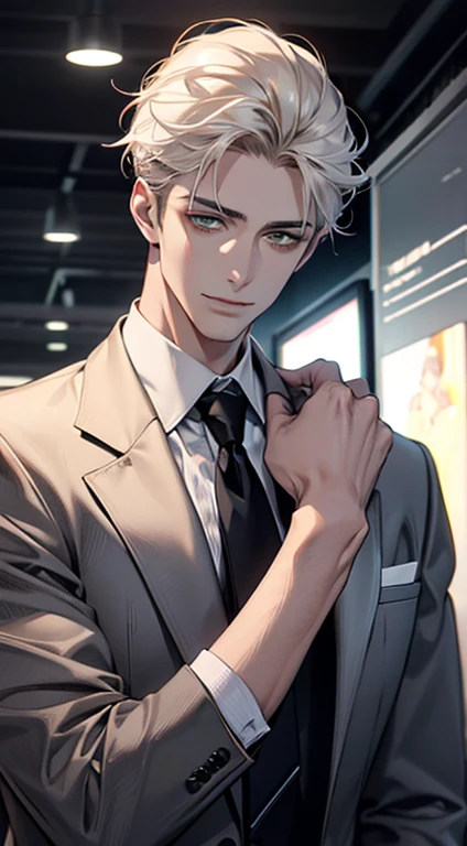 (Highest quality,4K,8K,High resolution,masterpiece:1.2),Super detailed,(Realistic,photoRealistic,photo-Realistic:1.37),1 person,34 years old,Mature Men,Beautiful skin、very handsome,Expressionless smile in love,Short white hair,green eyes,Sharp Eyes,A perfect face without a doubt,Businessman, CEO, Office Background,Cinema Lighting,HDR image,tie、