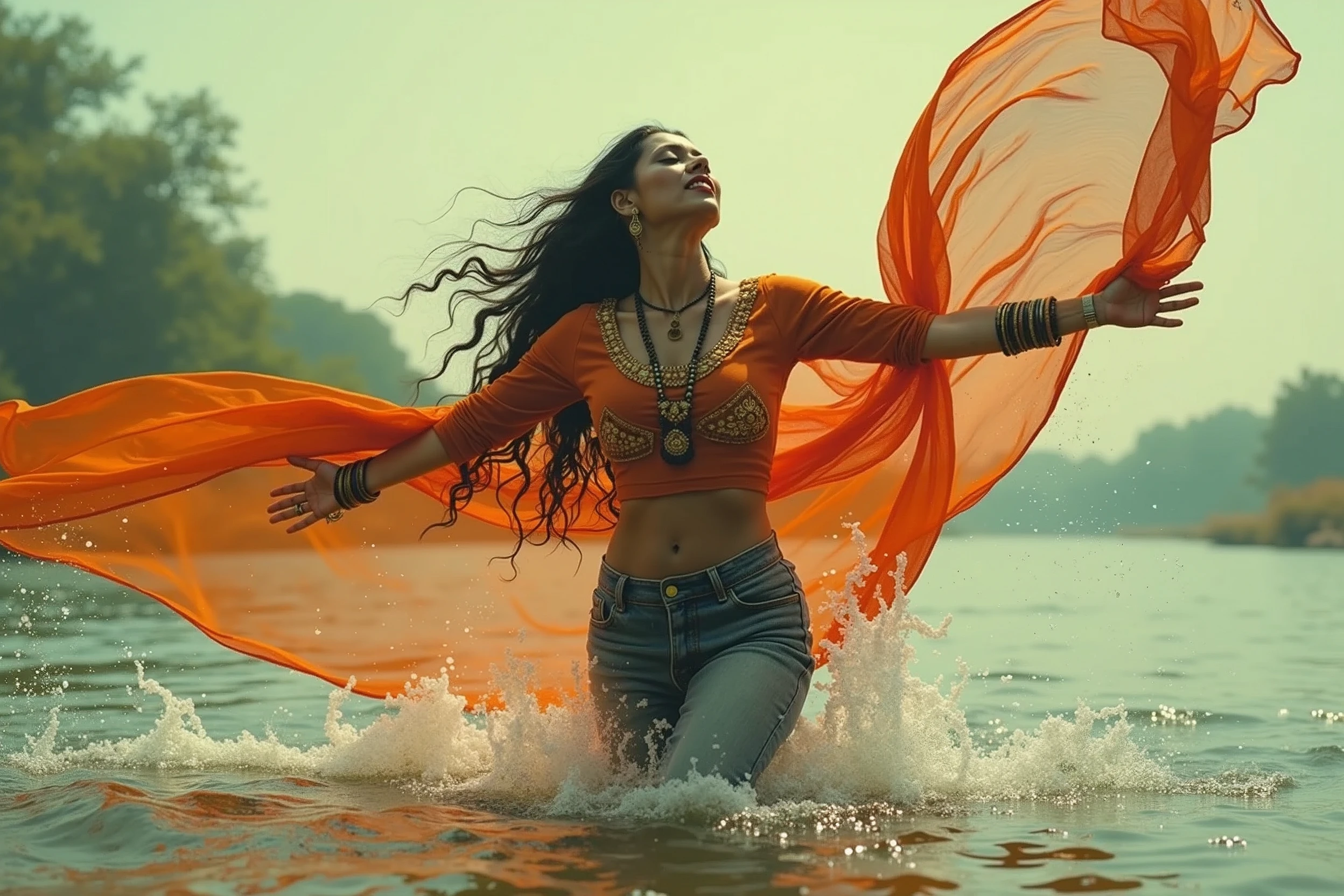 70s setting, grainy analog film, ultra-detailed, abstract art, glamour artwork, conceptual art, beautiful provocative style indian woman in jeans, playing in wide river with ecstasy, traditional accessories, abstract, orange white green, void, vivid, detailed sari