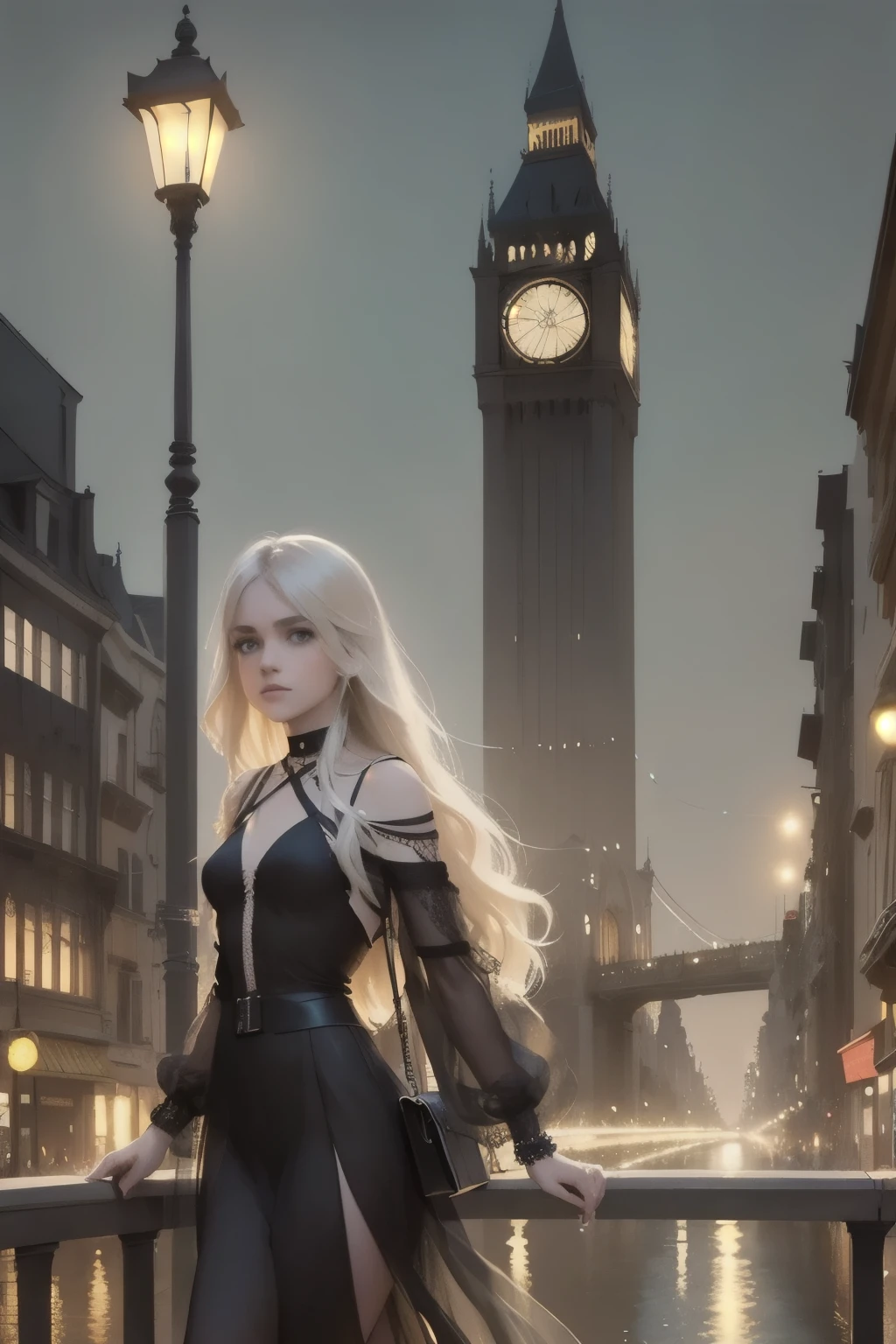 people walking on a bridge in a city at night with a large clock tower in the background, classic scenario, arstation and beeple highly, city street, metropolis, Albert Edward Hughes's draw style

