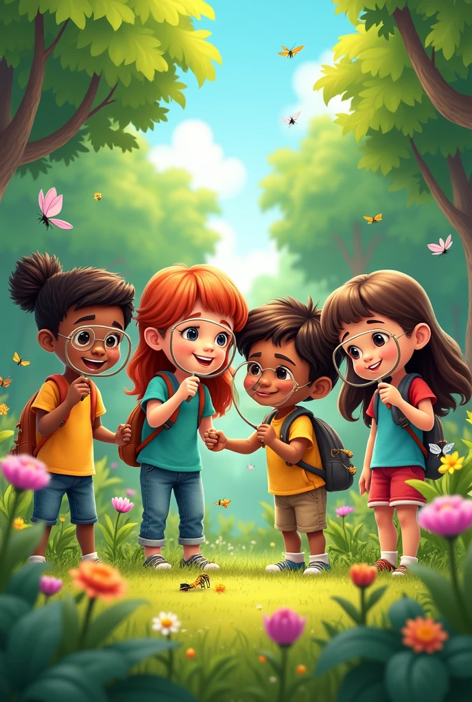(Cartoon) A group of diverse children is gathered in a lush, green park. Each child holds a magnifying glass, peering curiously at their surroundings. Around them are various vibrant objects.cheerful and engaging, inviting young readers to join the children in exploring the colorful world around them.
