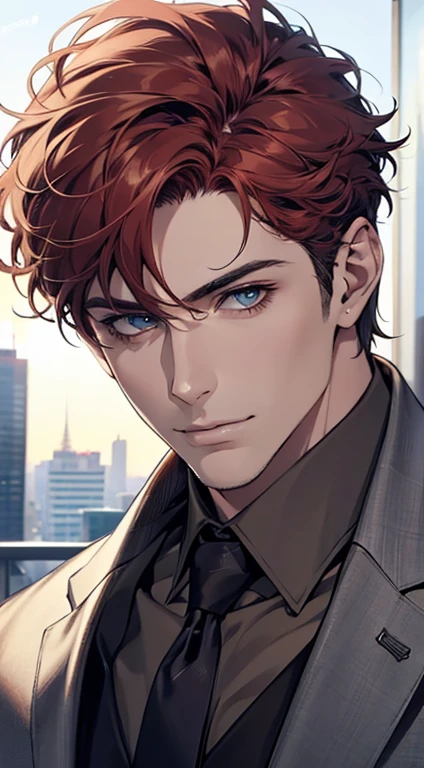 (best quality,4k,8k,highres,masterpiece:1.2),ultra-detailed,(realistic,photorealistic,photo-realistic:1.37),1 man,31 years old,mature man,very handsome,without expression,smile,short grey red hair,blue eyes,penetrating gaze,perfect face without errors,imposing posture,businessman,office background,cinematic lighting,hdr image