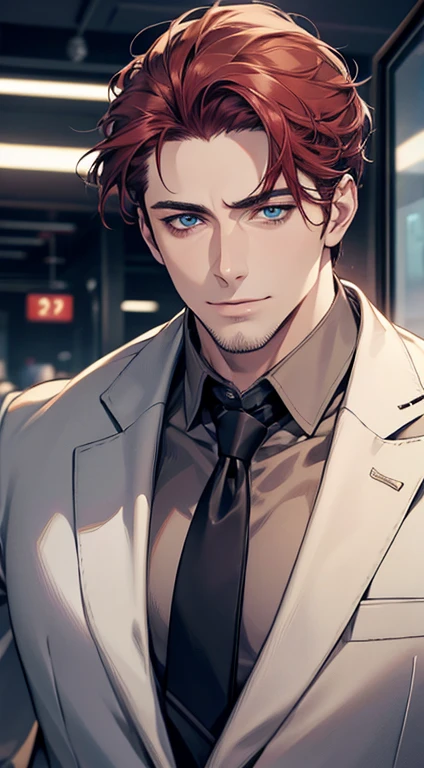 (best quality,4k,8k,highres,masterpiece:1.2),ultra-detailed,(realistic,photorealistic,photo-realistic:1.37),1 man,31 years old,mature man,very handsome,without expression,smile,short grey red hair,blue eyes,penetrating gaze,perfect face without errors,imposing posture,businessman,office background,cinematic lighting,hdr image