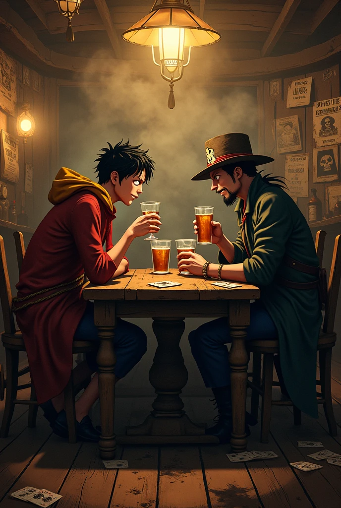 Create an image of Luffy and Blackbeard drinking in bar