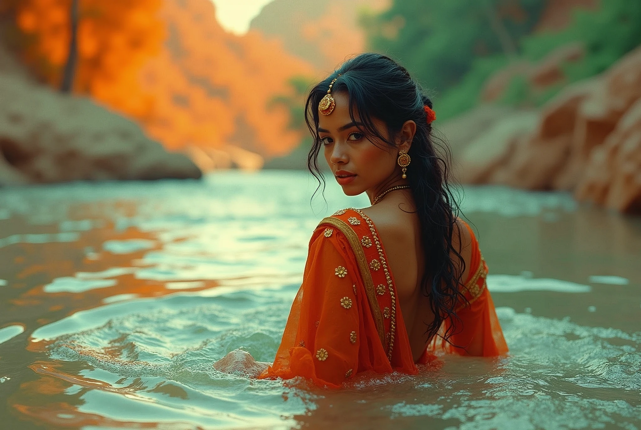 70s setting, grainy analog film, ultra-detailed, glamour artwork, provocative look, woman in jeans, playing in wide river with ecstasy, traditional accessories, abstract, orange white green, void, vivid, detailed sari, traditional makeup, india background