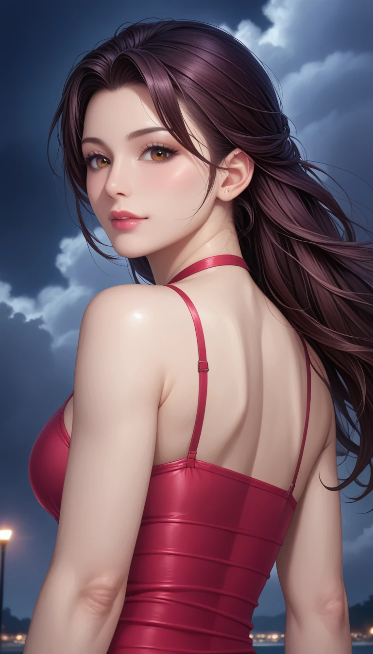 score_9, score_8_superior, score_7_superior, High-resolution CG illustration,A masterpiece in 32K resolution,Highest quality,it is really amazing,Very detailed,Ultra-high resolution,Ultra-realistic,Realistic,Increased depth of field,Cinematic lighting,
Sexy mature Japan woman,
Straight long hair with black hair,Ultra-detailed and beautiful face,Calm and gentle look,Beautiful brown eyes,Translucent white skin,Realistic skin texture,Great proportions,
Elegant red swimsuit,
Simple design,Chic color scheme based on red,Detailed fabric texture,
(Dark overcast sky on a dull night:1.1),(Dark clouds filling the sky:1.1),Thundercloud,Coastline at night,Stormy seas,delay々A desolate sandy beach that continues,
Beautiful back view,Cinematic,