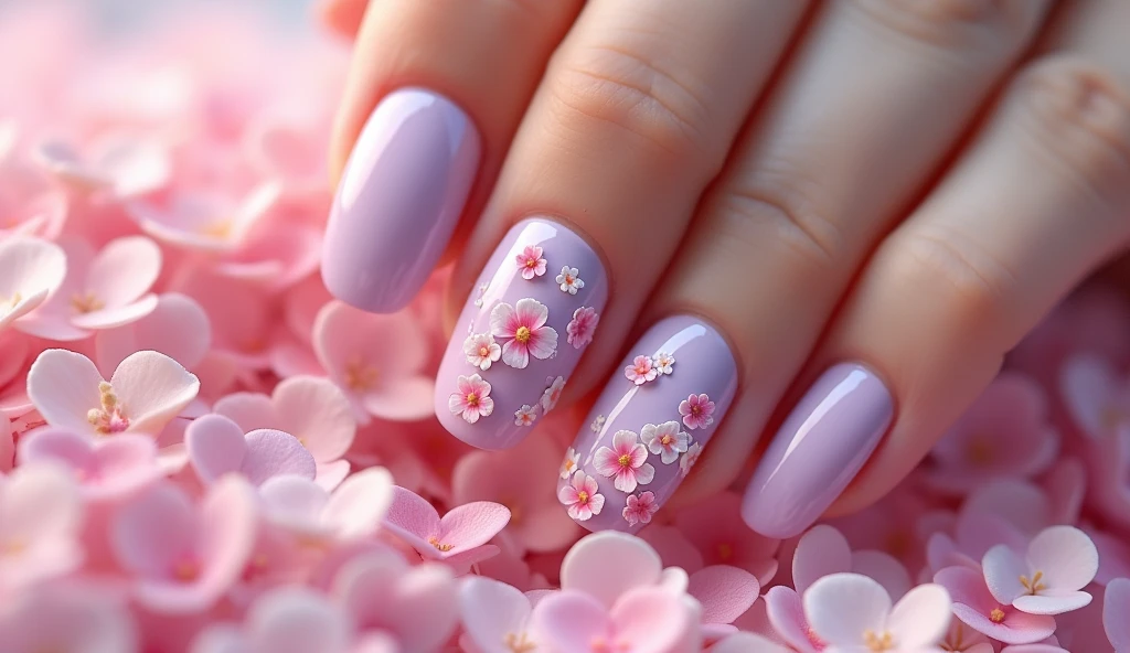 **Hearts in Bloom Nail Art:** The nails showcase tiny heart-shaped flowers blooming in soft pinks and purples. The background on the left is inspired by a blooming field of heart-shaped petals, as if love were growing from the ground.

