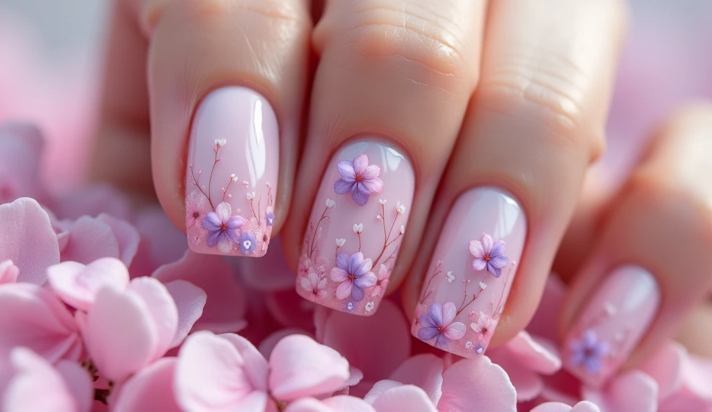 **Hearts in Bloom Nail Art:** The nails showcase tiny heart-shaped flowers blooming in soft pinks and purples. The background on the left is inspired by a blooming field of heart-shaped petals, as if love were growing from the ground.