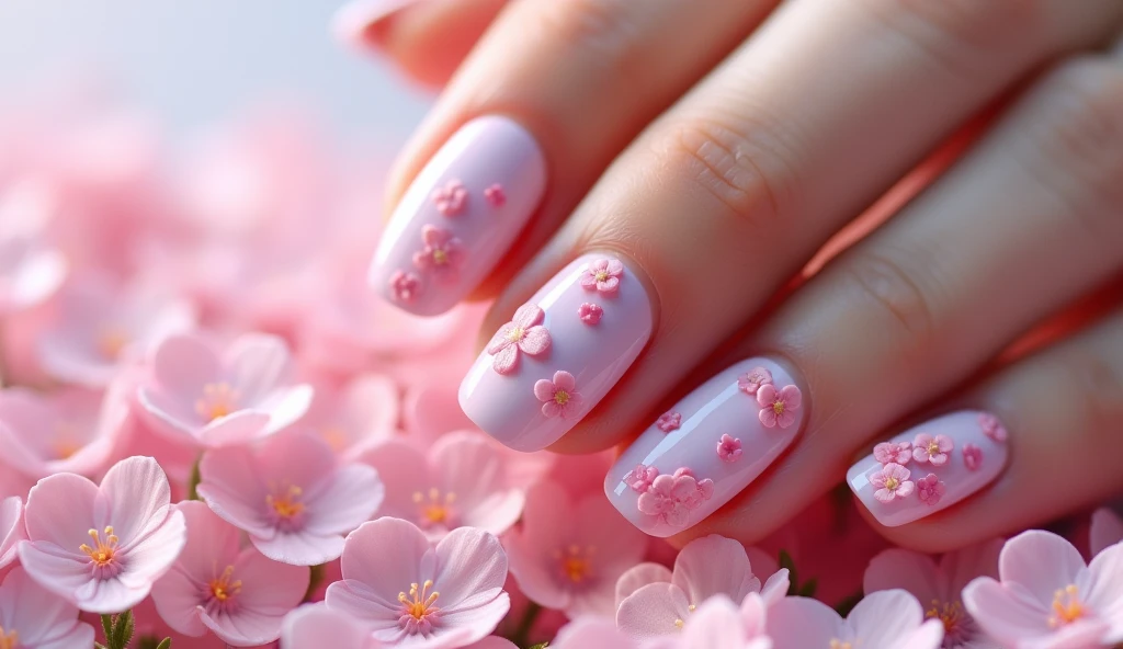 **Hearts in Bloom Nail Art:** The nails showcase tiny heart-shaped flowers blooming in soft pinks and purples. The background on the left is inspired by a blooming field of heart-shaped petals, as if love were growing from the ground.

