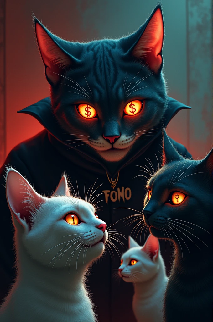 3 chats qui on peur d'un Vampire qui a des yeux avec le signe $ et qui porte un pull FOMO