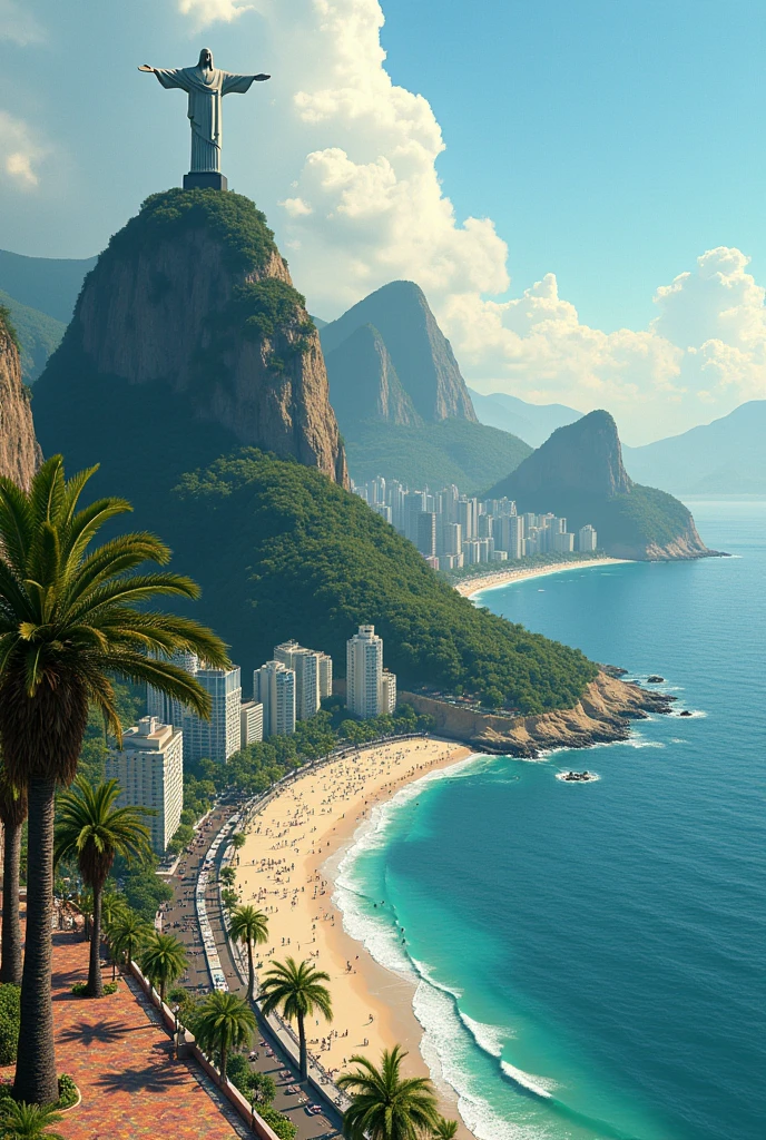 Create a drawing of Christ the Redeemer as seen from the Copacabana sidewalk
