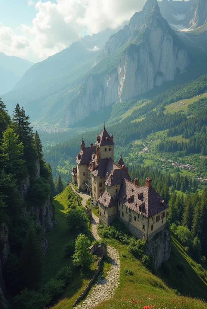 a beautiful kingdom inspired by French villages which is about a 100 years ago viewed from a mountain peak with a big palace in the far most sight