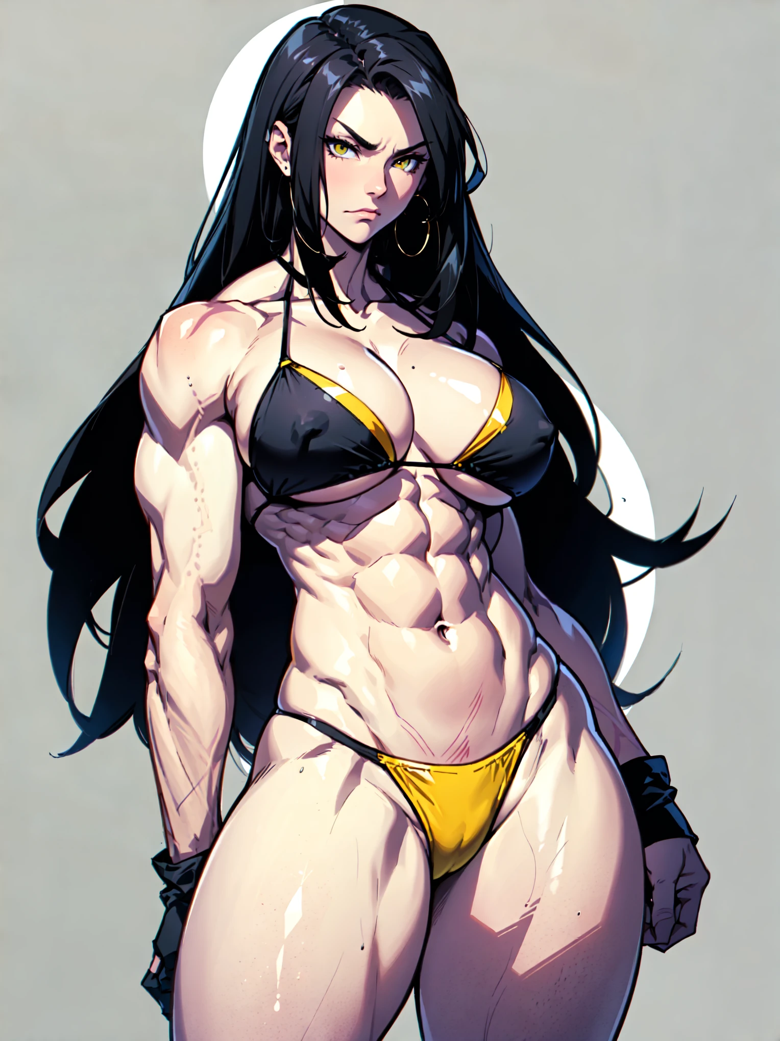 grey background micro bikini 1girl black hair yellow eyes very long hair pale skin frown (bodybuilder huge breasts muscular toned body curvy wide hips thick thighs) thick thick thick thick thick thick