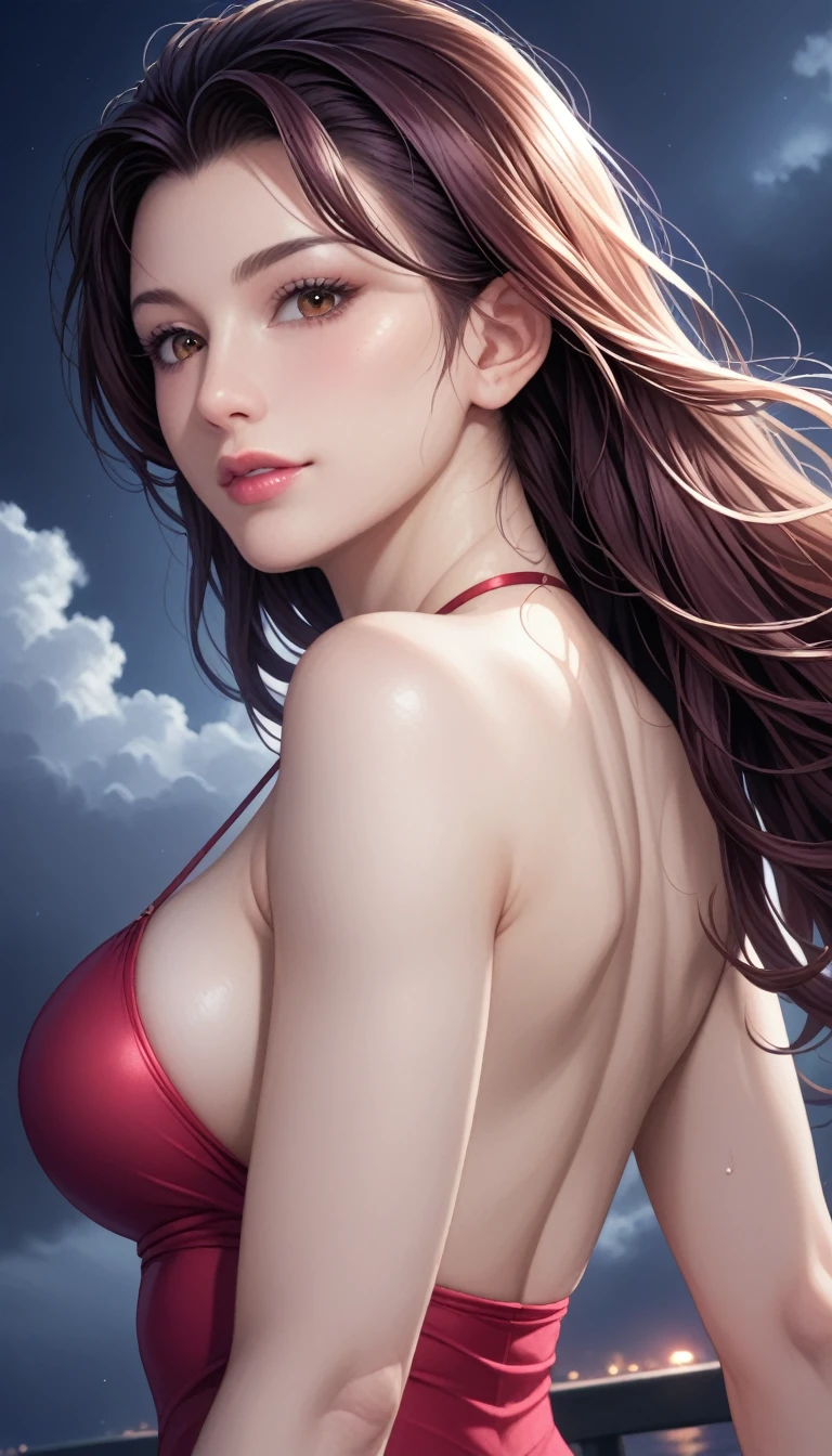 score_9, score_8_superior, score_7_superior, High-resolution CG illustration,A masterpiece in 32K resolution,Highest quality,it is really amazing,Very detailed,Ultra-high resolution,Ultra-realistic,Realistic,Increased depth of field,Cinematic lighting,
Sexy mature Japan woman,
Straight long hair with black hair,Ultra-detailed and beautiful face,Calm and gentle look,Beautiful brown eyes,Translucent white skin,Realistic skin texture,Great proportions,
Elegant red swimsuit,
Simple design,Chic color scheme based on red,Detailed fabric texture,
(Dark overcast sky on a dull night:1.1),(Dark clouds filling the sky:1.1),Thundercloud,Coastline at night,Stormy seas,delay々A desolate sandy beach that continues,
Beautiful back view,Cinematic,