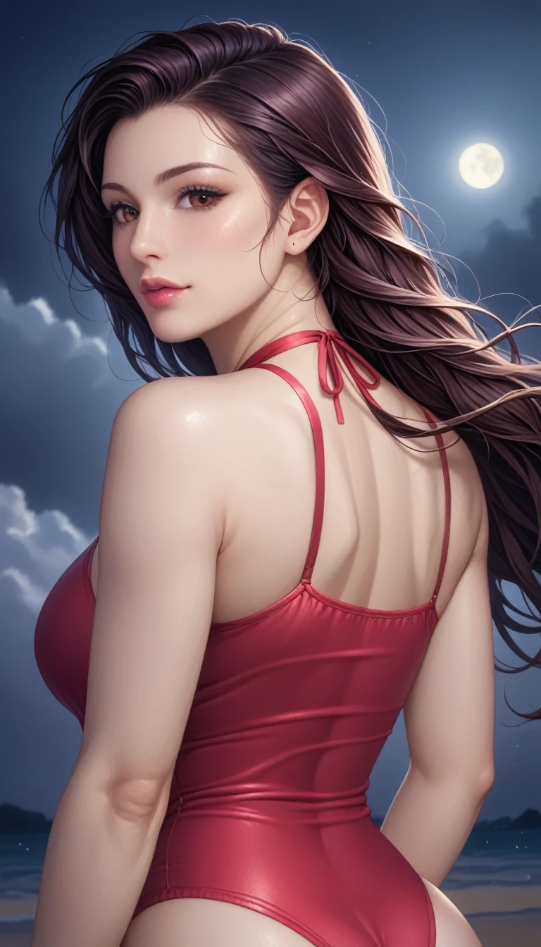 score_9, score_8_superior, score_7_superior, High-resolution CG illustration,A masterpiece in 32K resolution,Highest quality,it is really amazing,Very detailed,Ultra-high resolution,Ultra-realistic,Realistic,Increased depth of field,Cinematic lighting,
Sexy mature Japan woman,
Straight long hair with black hair,Ultra-detailed and beautiful face,Calm and gentle look,Beautiful brown eyes,Translucent white skin,Realistic skin texture,Great proportions,
Elegant red swimsuit,
Simple design,Chic color scheme based on red,Detailed fabric texture,
(Dark overcast sky on a dull night:1.1),(Dark clouds filling the sky:1.1),Thundercloud,Coastline at night,Stormy seas,delay々A desolate sandy beach that continues,
Beautiful back view,Cinematic,